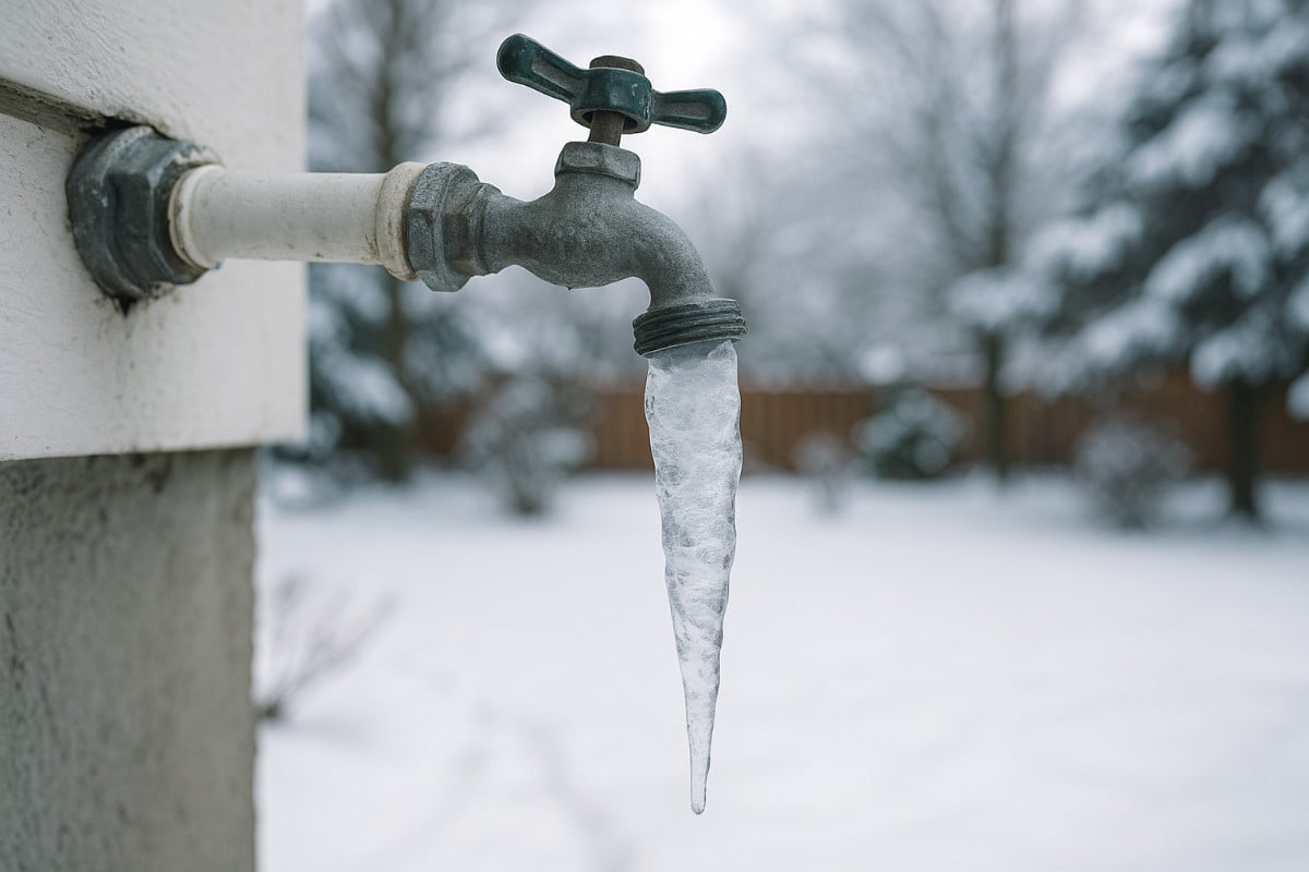 Frozen hose bib on outdoor plumbing.